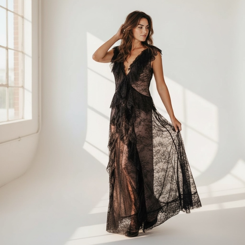 Zara Elegant Black Lace Gown XS  used